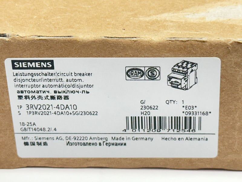 Siemens 3RV2021-4DA10 Sirius Motor Protection Circuit Breaker 18-25A 480V - Maverick Industrial Sales