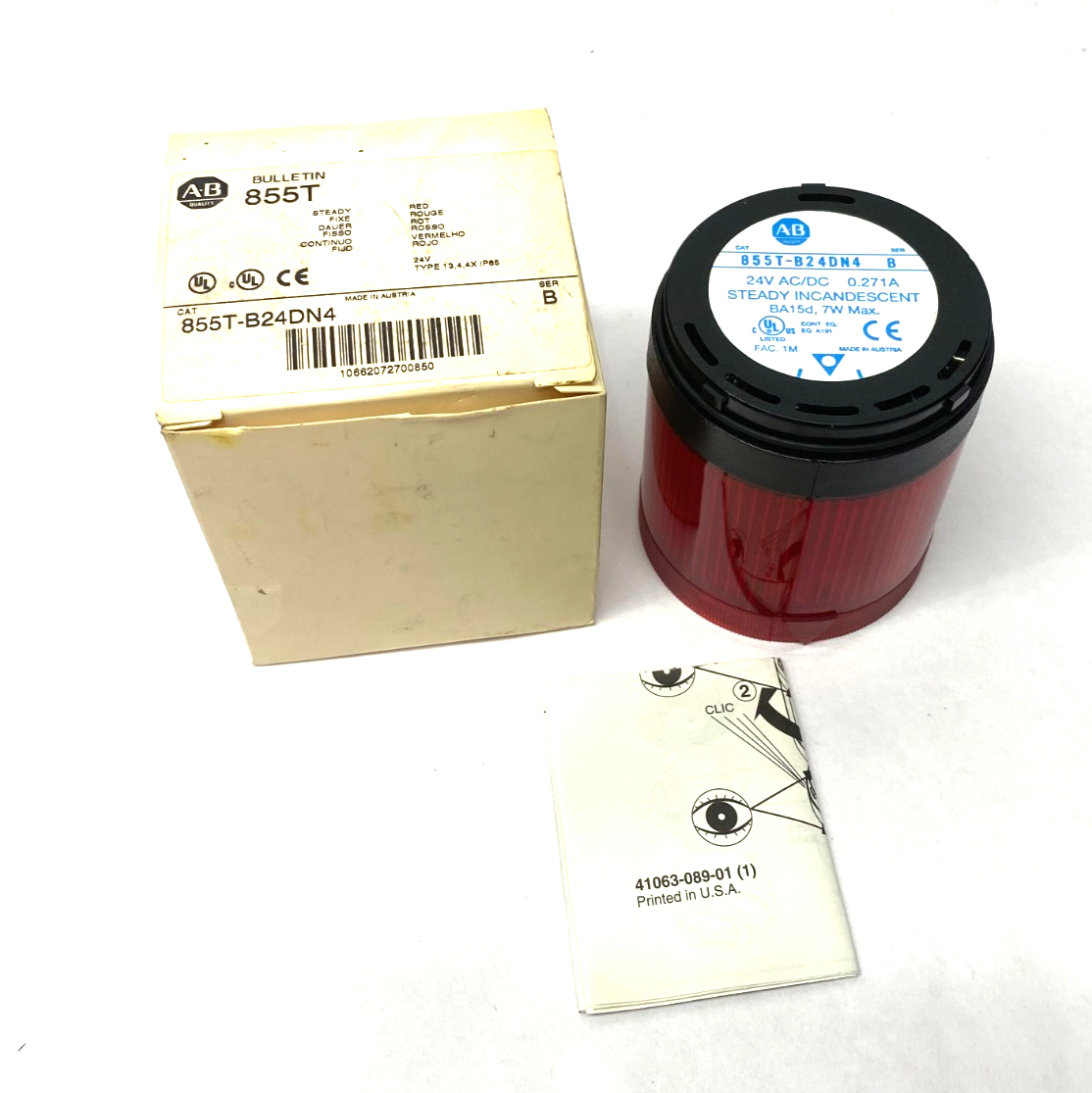 855T-B24DN4 | Allen Bradley Ser. B Steady Red Incandescent Stack Light, 70mm, 24V - New – Open box - Maverick Industrial Sales