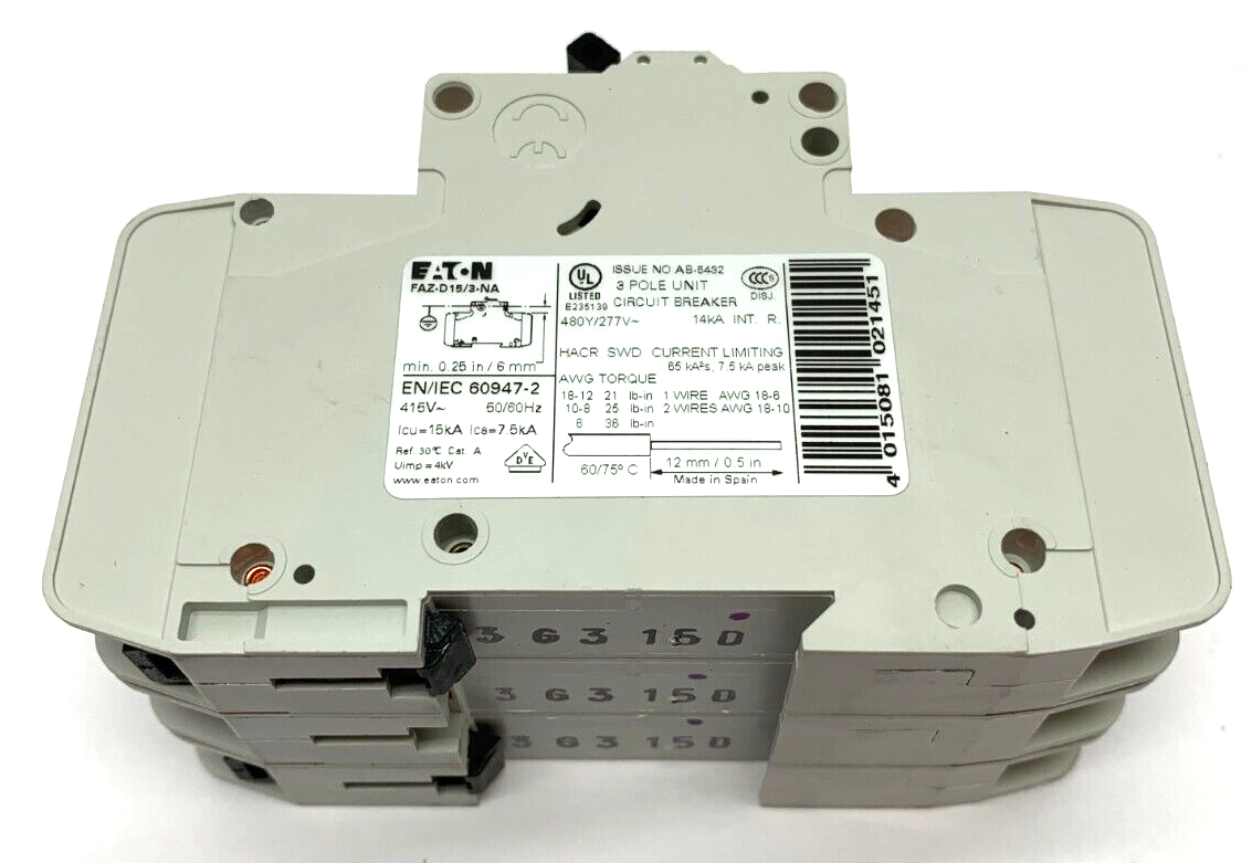 Eaton FAZ-D 15/3-NA 3 Pole Circuit Breaker FAZ-D15/3-NA - Maverick Industrial Sales