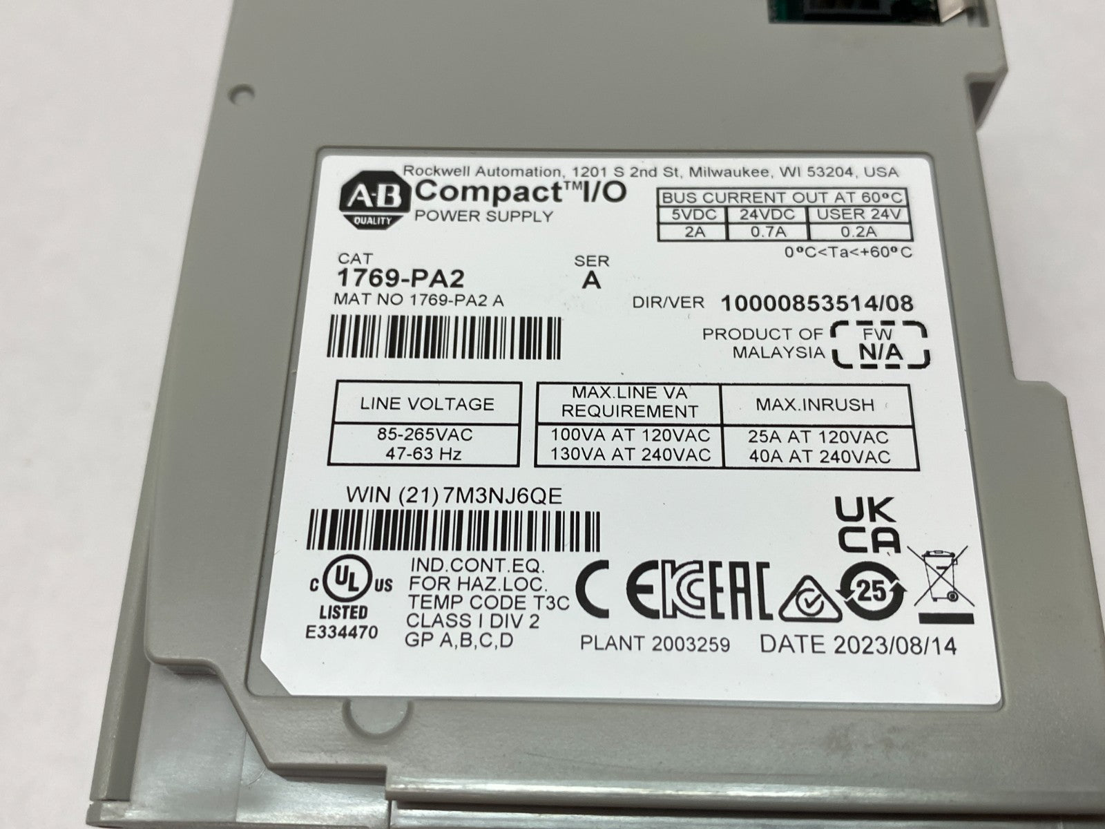 1769-PA2 | Allen Bradley Ser. A CompactLogix AC 2A/0.8A Power Supply I/O Module - New – Open box - Maverick Industrial Sales