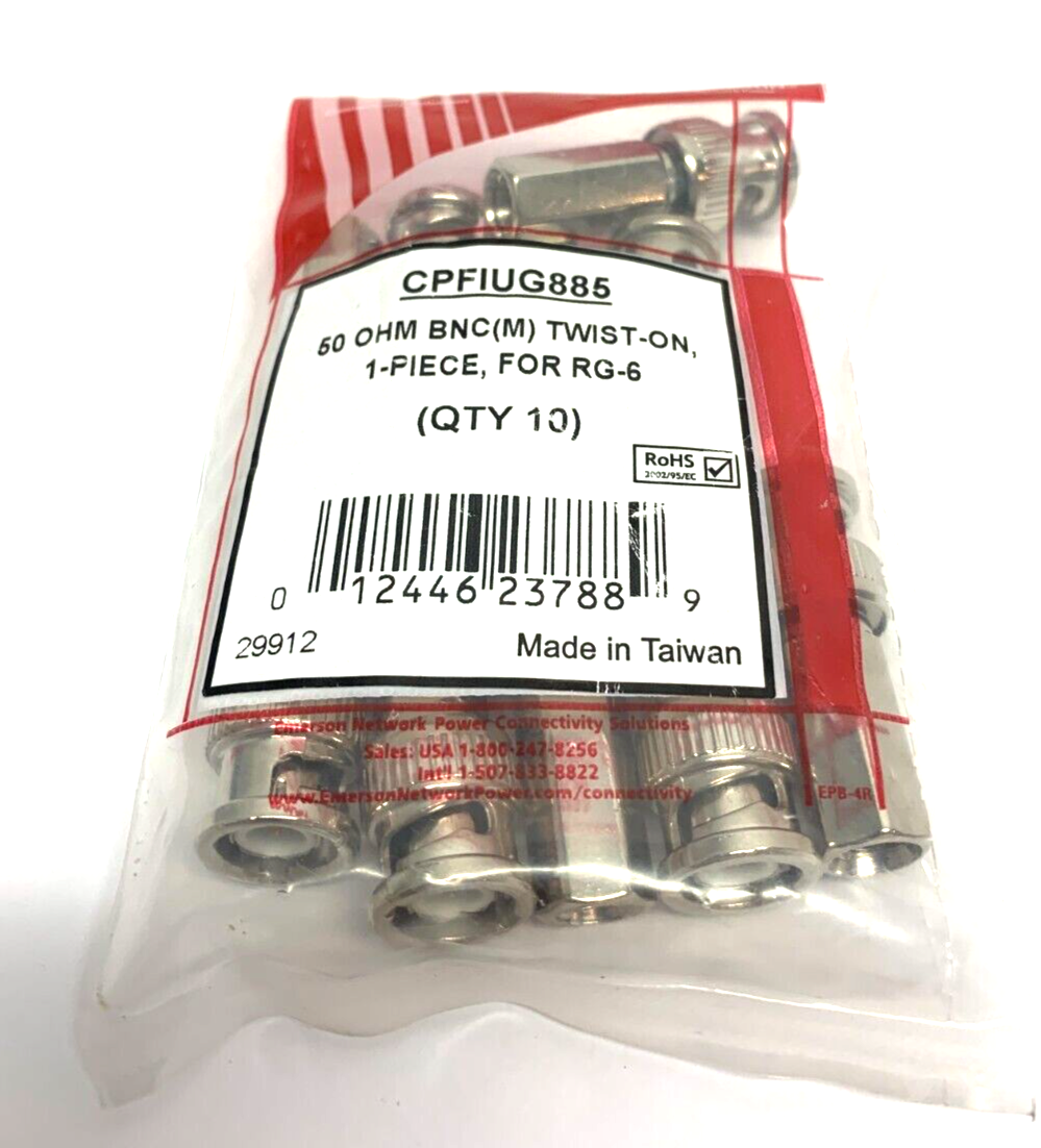 Emerson CPFIUG885 Coaxial Cable Plug 50OHM BNC(M) Twist-On For RG-6 PACK OF 10 - Maverick Industrial Sales