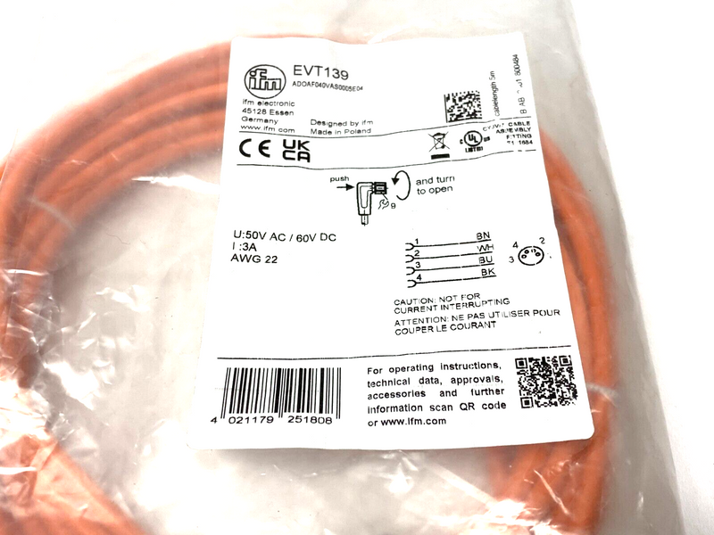 ifm EVT139 Connection Cable, Female M8 4-Pin ADOAF040VAS0005E04 - Maverick Industrial Sales