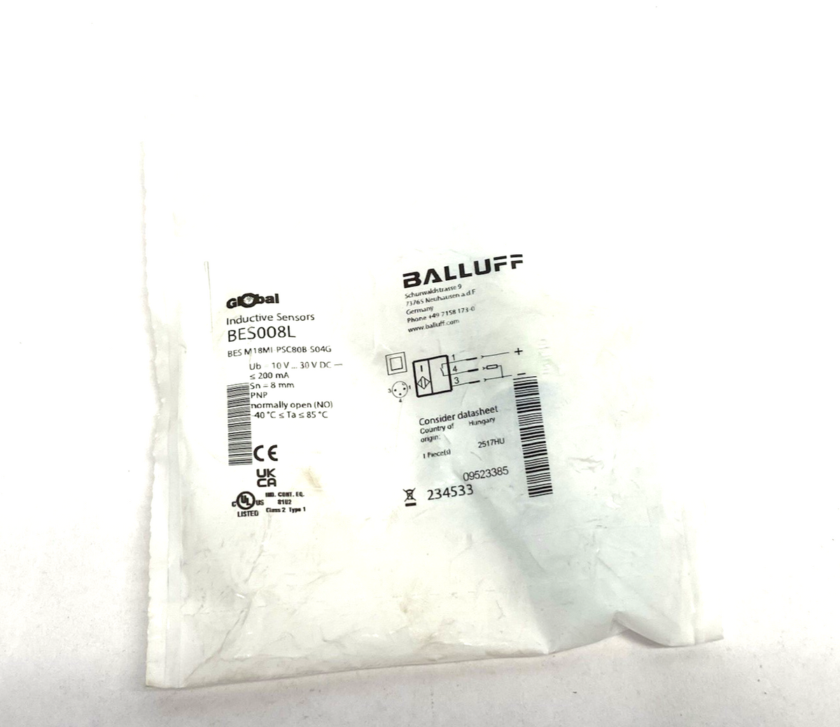 Balluff BES008L Inductive Proximity Sensor, Flush Mount, BES M18MI-PSC80B-S04G - Maverick Industrial Sales