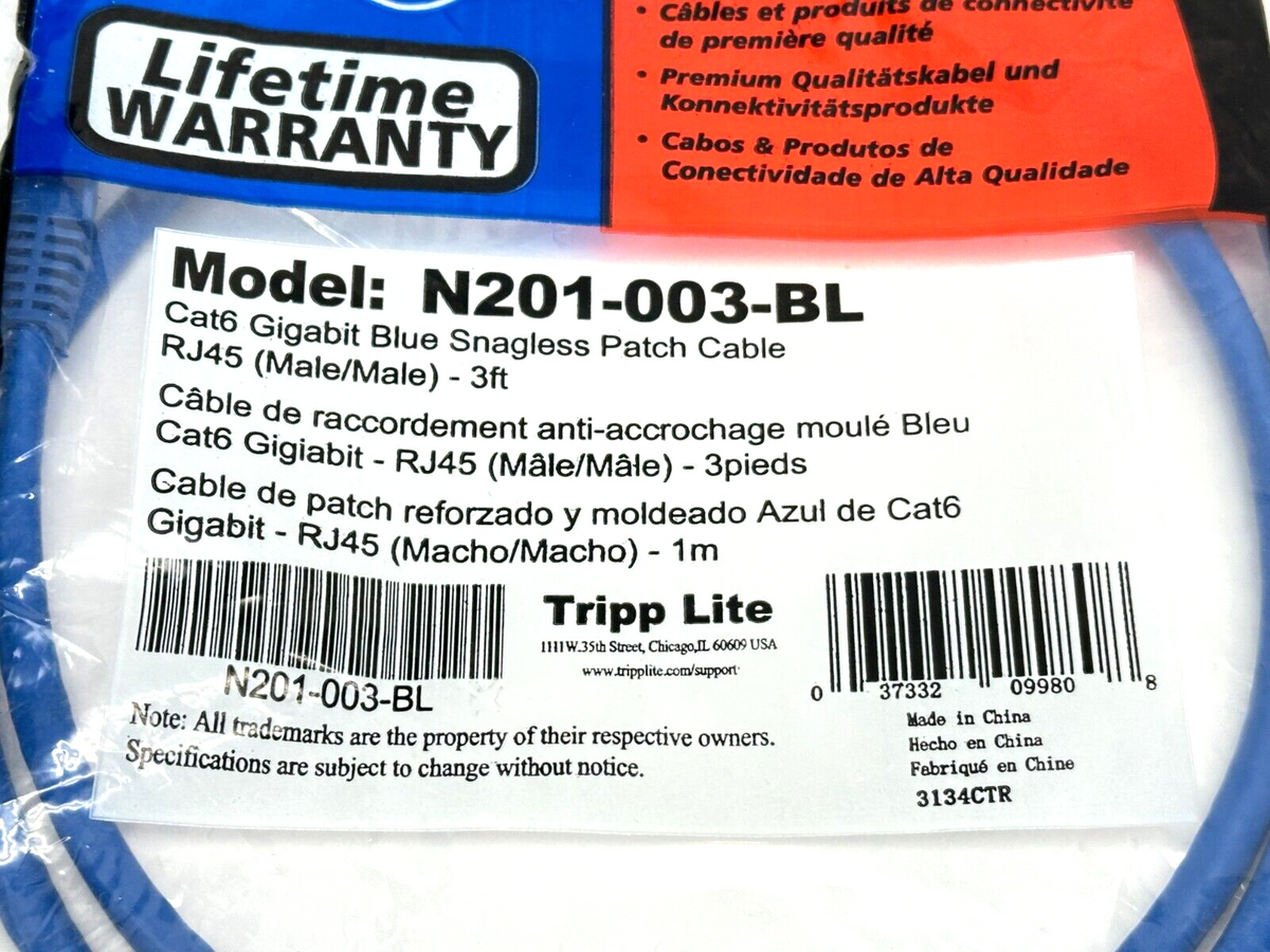N201-003-BL | Tripp Lite Cat6 Gigabit Blue Snagless Patch Cable 3ft LOT OF 2 - New - Maverick Industrial Sales