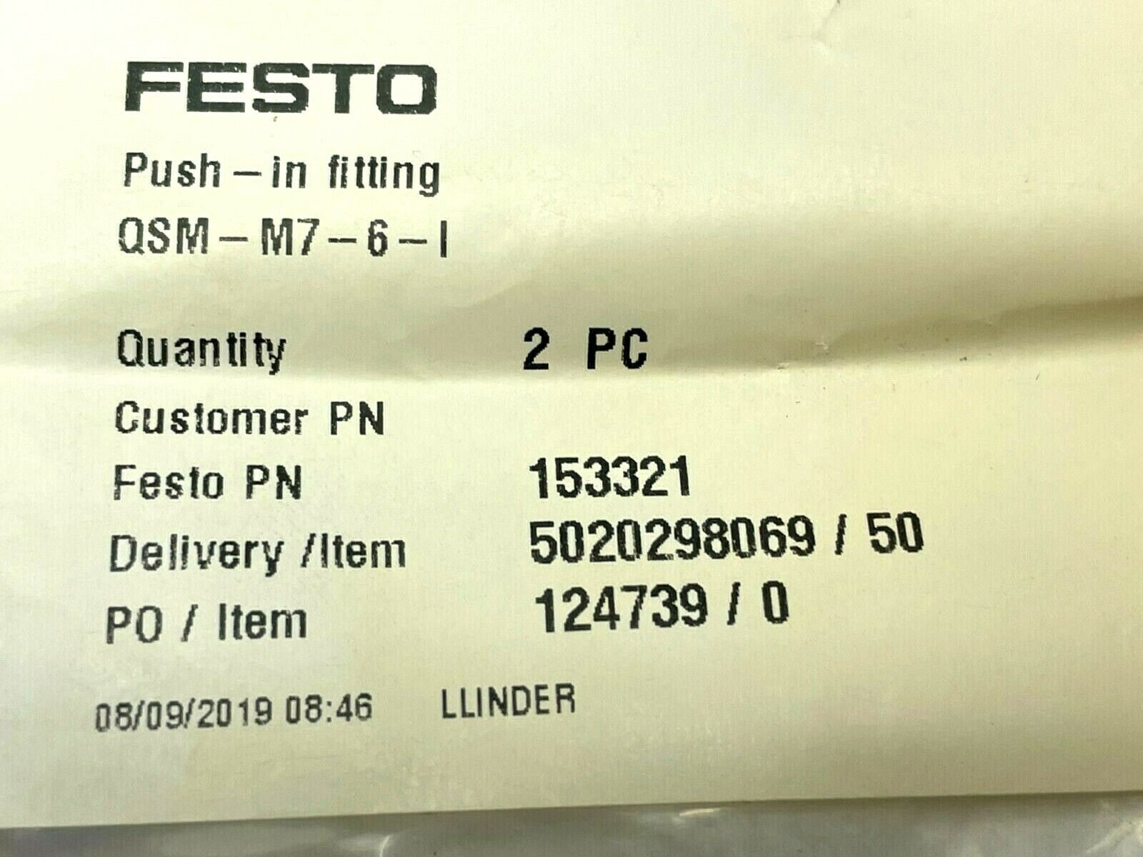 Festo QSM-M7-6-I Push-In Fitting 153321 LOT OF 2 - Maverick Industrial Sales