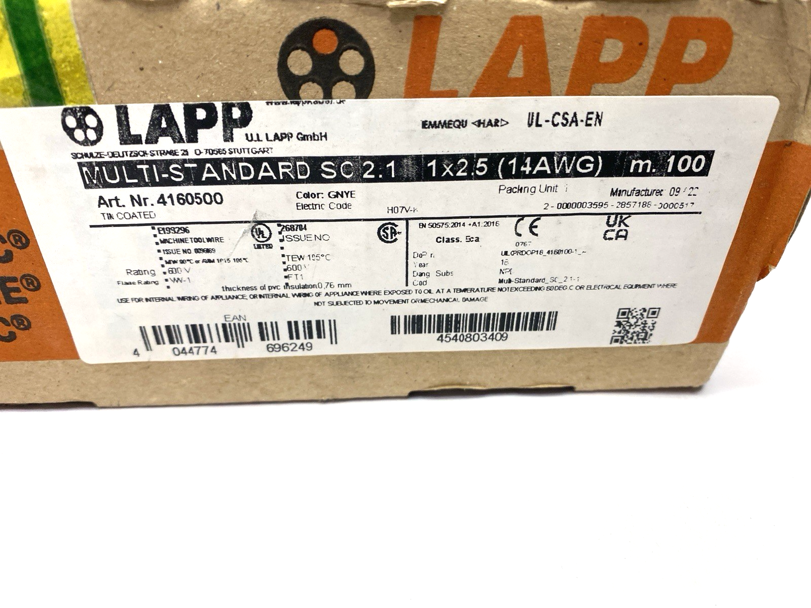 Lapp 4160500 Multi-Standard Hook-Up Wire Green Yellow 1x2.5 14AWG SPOOL OF 100M - Maverick Industrial Sales