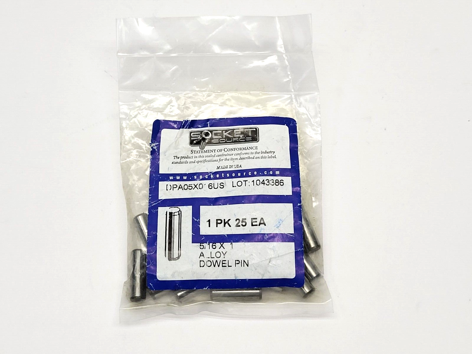 Socket Source DPA05X016US Alloy Dowel Pin 5/16 X 1" LOT OF 25 - Maverick Industrial Sales