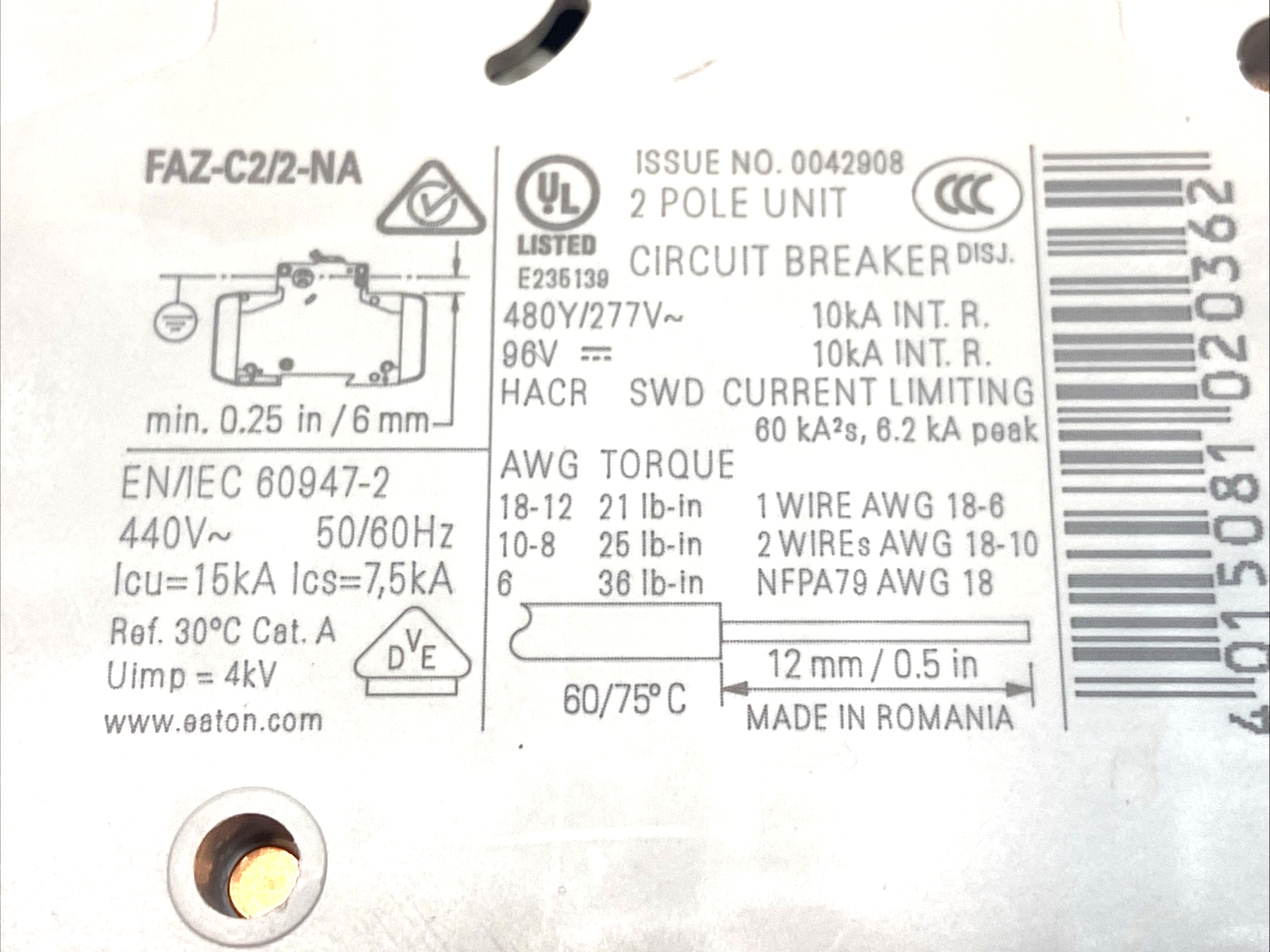 Eaton FAZ-C2/2-NA Miniature Circuit Breaker 2-Pole C-Curve 2A 102160 - Maverick Industrial Sales