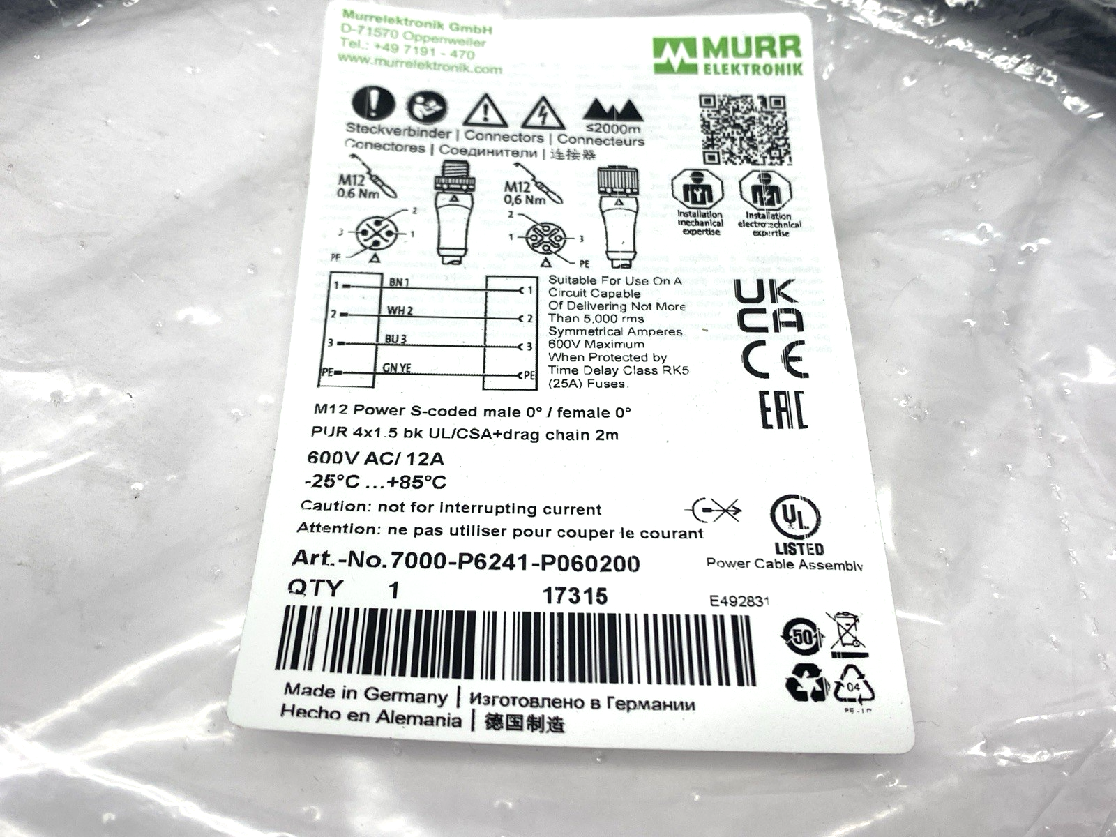 Murrelektronik 7000-P6241-P060200 Double-Ended Cordset Male to Female M12 2m - Maverick Industrial Sales