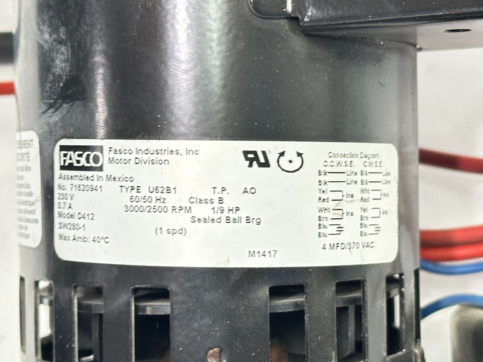 Fasco 71620941 Draft Inducer Motor 1/9HP 3000/2500 RPM 0.7A 230V D412 - Maverick Industrial Sales