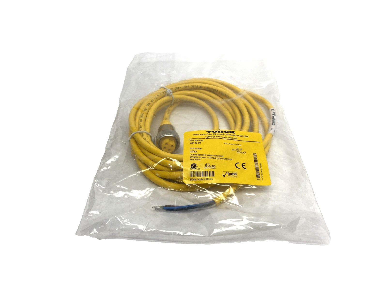 RKM 40-4M | Turck Cordset 7/8" Female 4-Pin To Wire Leads 4m U2045- New - Maverick Industrial Sales