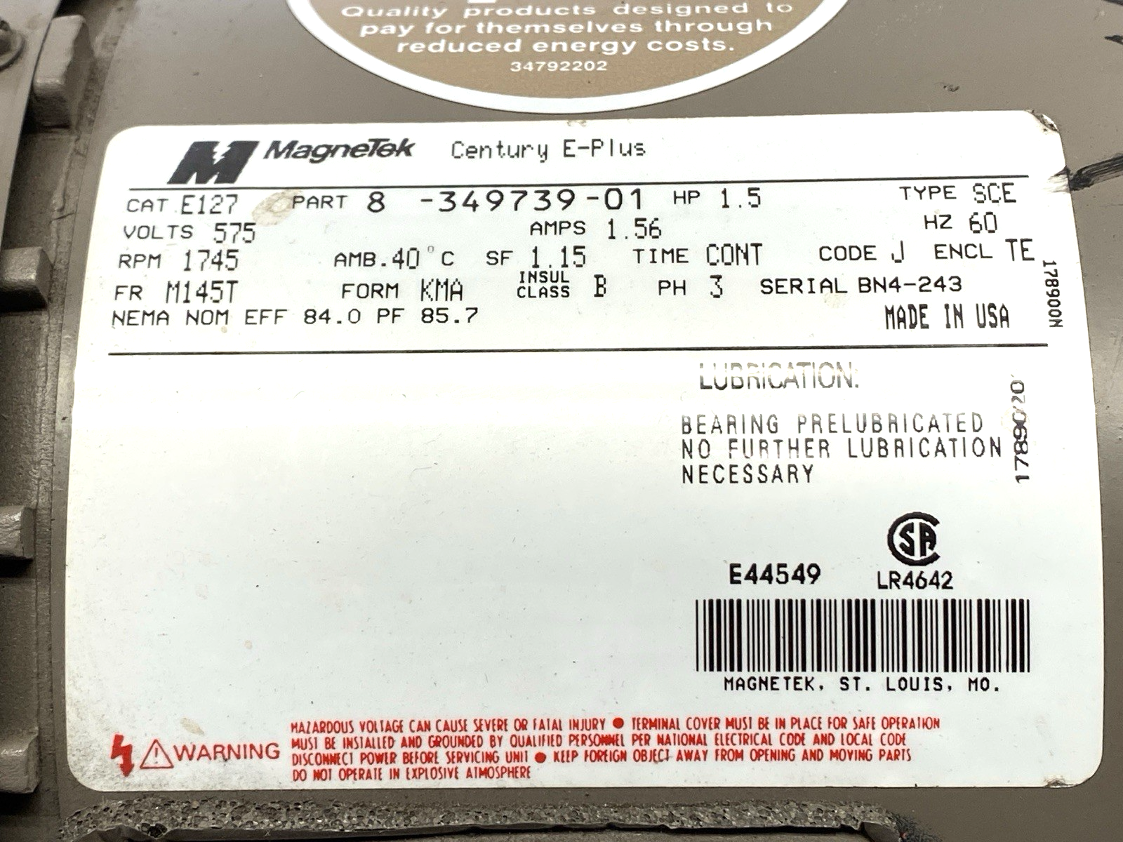 Magnetek 8-349739-01 General Purpose Motor 3-Phase 1.5HP 1745RPM 200-208V 60Hz - Maverick Industrial Sales