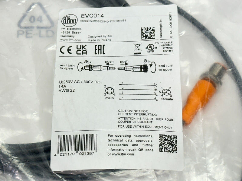 ifm EVC014 Connection Cable M/F M12 5m VDOGH040MSS0005H04STGH040MSS - Maverick Industrial Sales