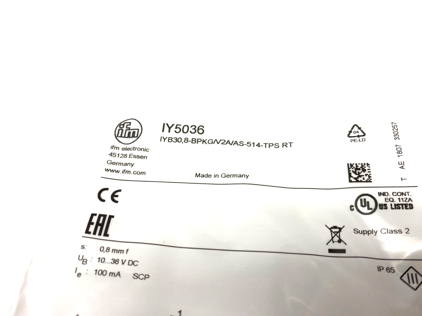Ifm IY5036 Inductive Sensor PNP M8 Connection IYB30,8-BPKG/V2A/AS-514 RT - Maverick Industrial Sales