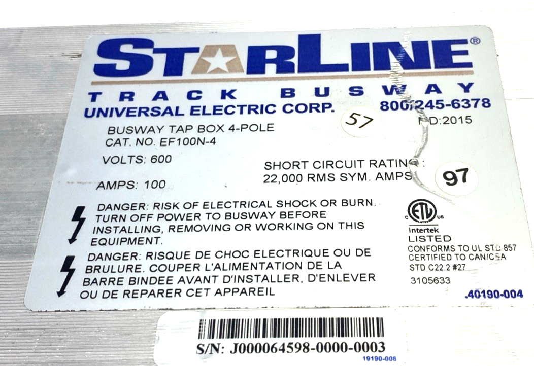 StarLine EF100N-4 Busway End Feed Tap Box 4P 600V 100A MISSING COVER - Maverick Industrial Sales