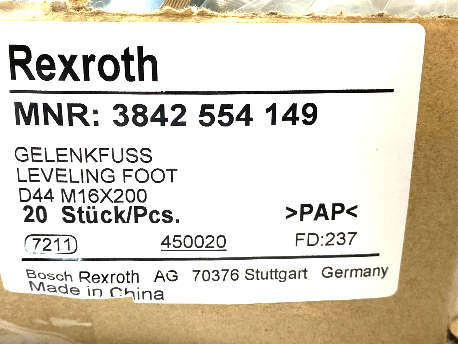 Rexroth 3842 554 149 D44 Leveling Foot M16x200mm Box Of 20 - Maverick Industrial Sales