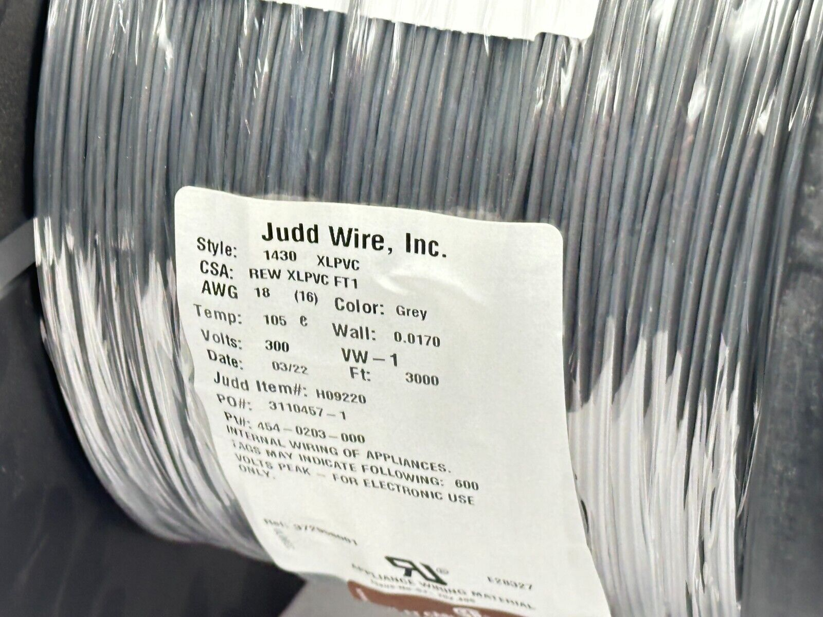 Judd Wire H09220 Wire Style 1430 XLPVC 18AWG 16/30 .017 300V Grey 3000FT SPOOL - Maverick Industrial Sales