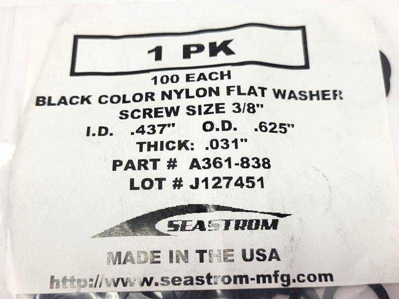 Seastrom A361-838 Nylon Flat Washer 3/8" PACKAGE OF 100 - Maverick Industrial Sales