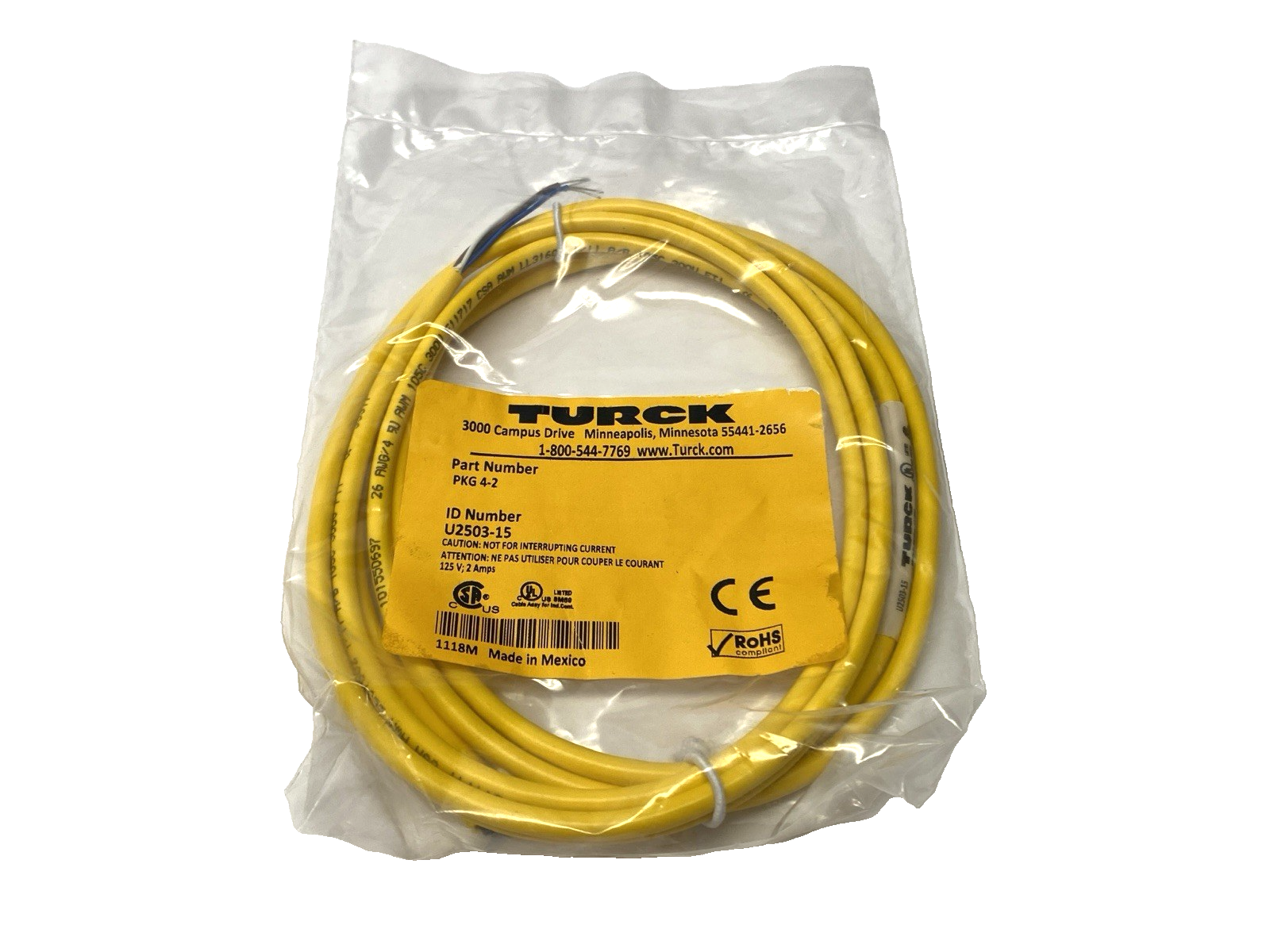 Turck PKG 4-2 Single Ended Cable M8 Female Connector 4-Pin 2m U2503-15 - Maverick Industrial Sales