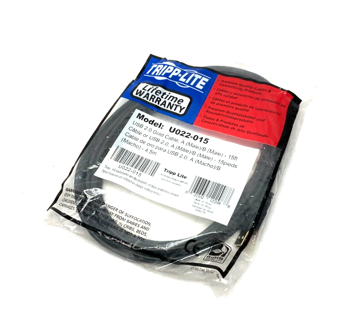 Tripp Lite U022-015 Hi-Speed USB 2.0 A to B Cable Assembly 15' Length - Maverick Industrial Sales