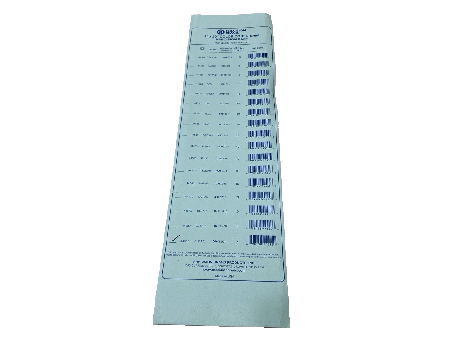 Precision Brand 44585 Clear Flat Plastic Shim Sheet 20 x 5 x 0.060" PACKAGE OF 3 - Maverick Industrial Sales