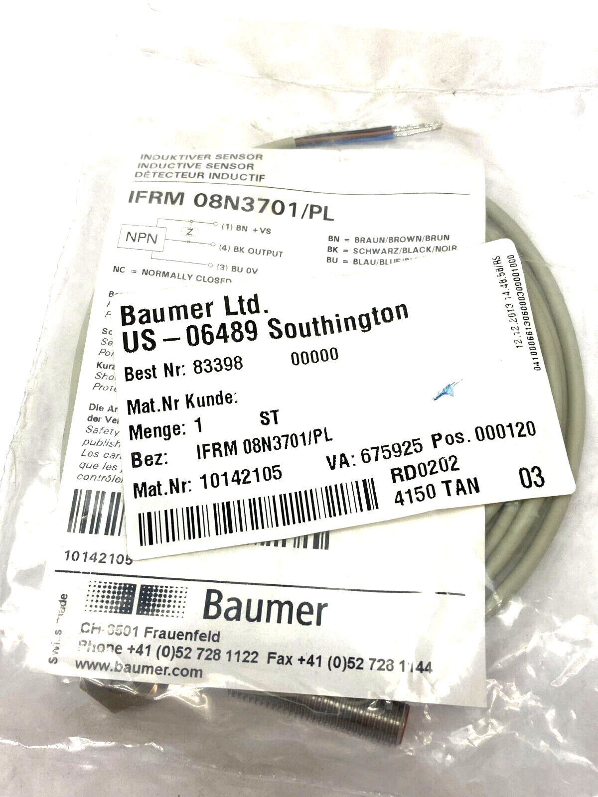 Baumer IFRM 08N3701/PL Inductive Proximity Switch Sensor 10142105 - Maverick Industrial Sales
