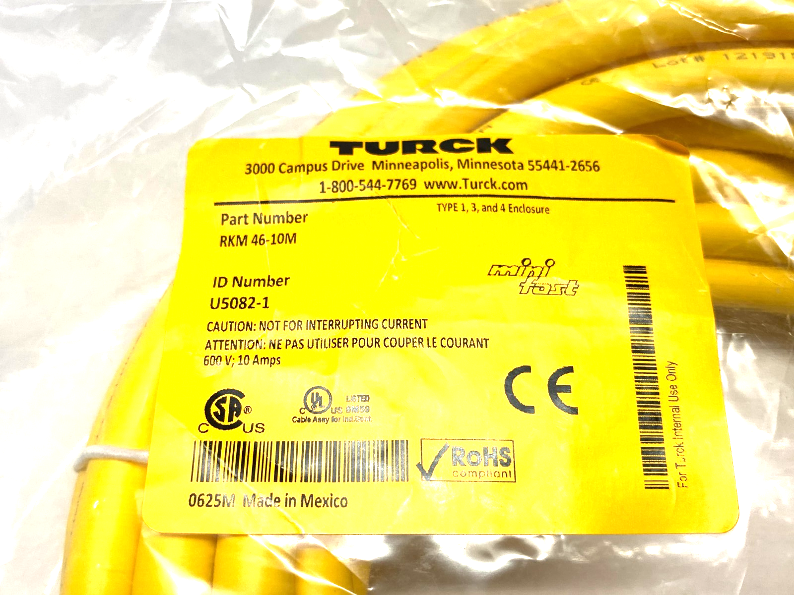 Turck RKM 46-10M Minifast Single Ended Cordset 7/8"-16 UN Female 4-Pin U5082-1 - Maverick Industrial Sales