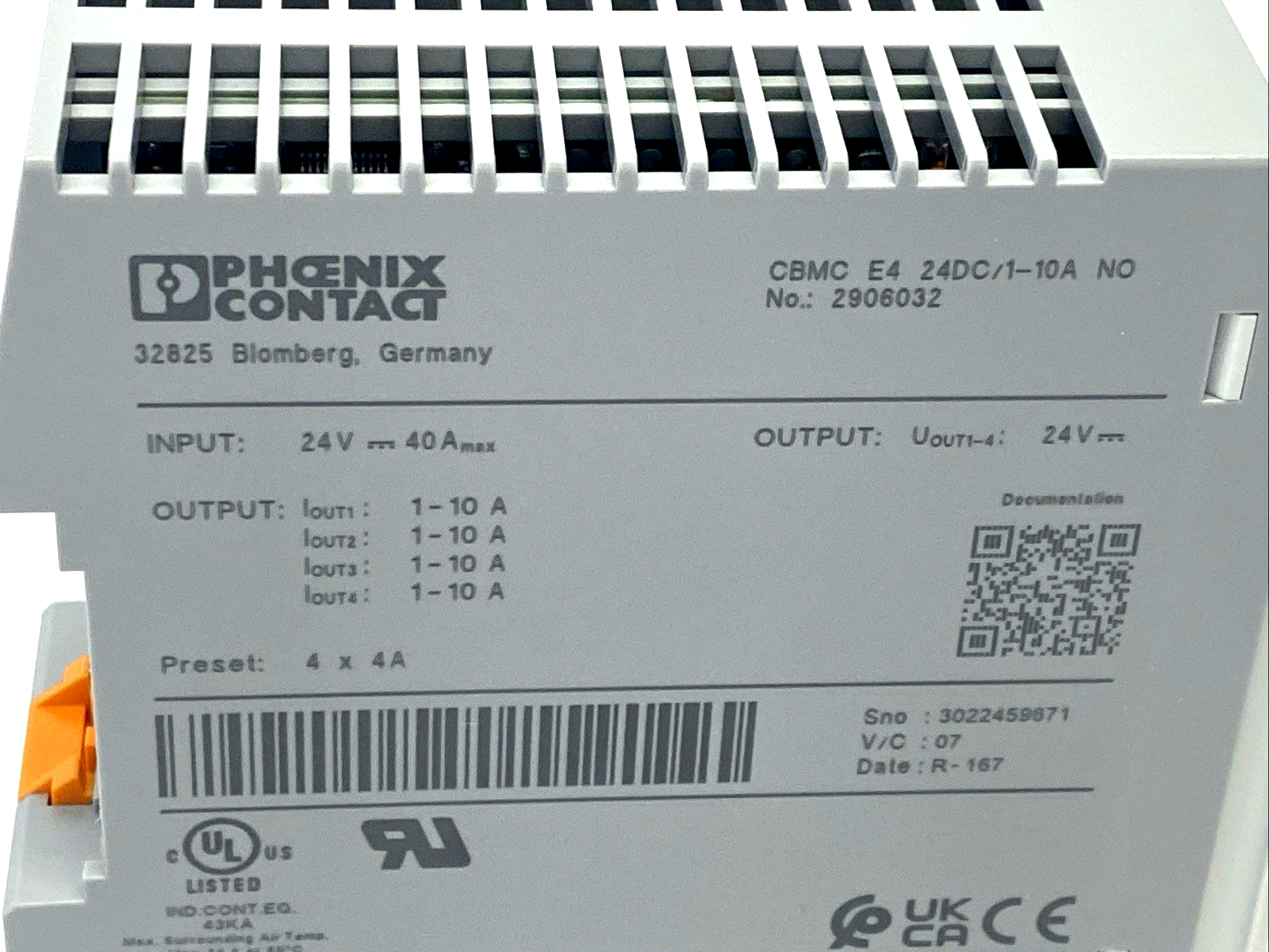 CBMC E4 24DC/1-10A NO,2906032 | Phoenix Contact CBMC E4 24DC/1-10A NO Electronic Circuit Breaker 2906032 - New – Open box - Maverick Industrial Sales