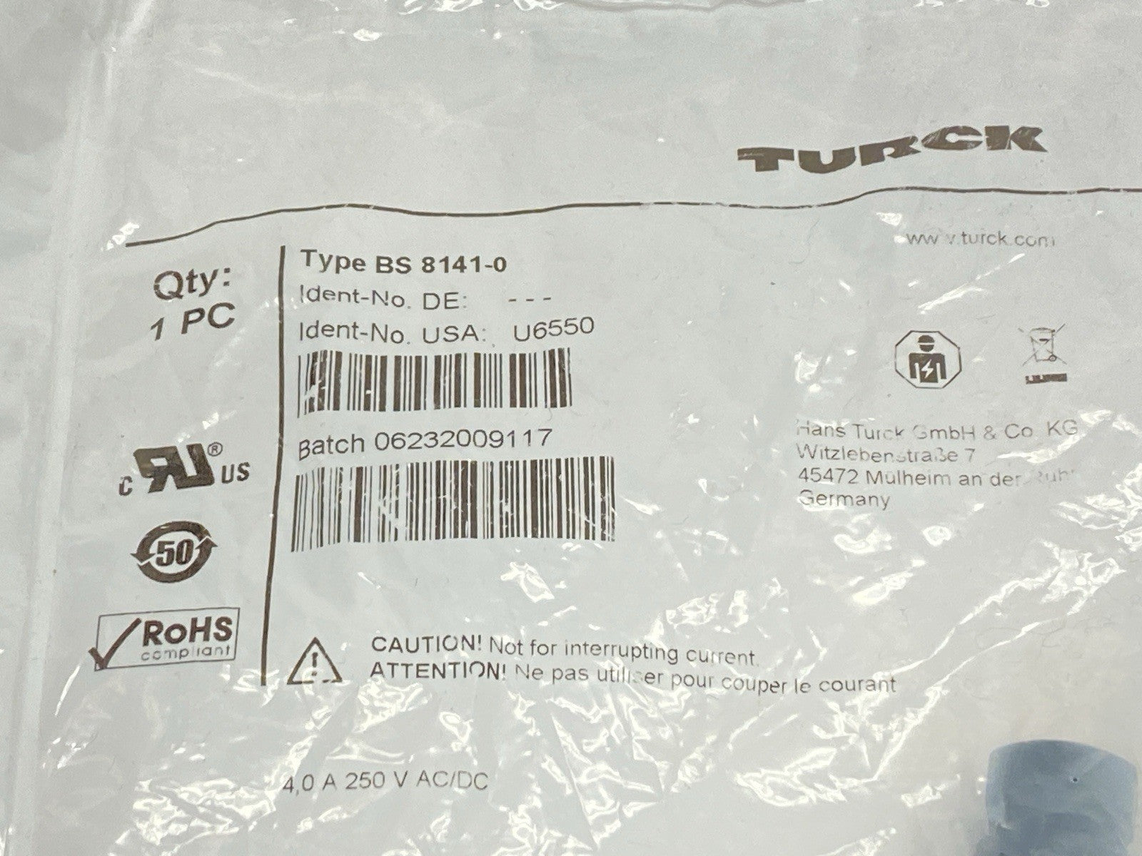 BS 8141-0,U6550 | Turck BS 8141-0 Field Wireable Connector M12 4-Pin Male U6550 - New - Maverick Industrial Sales