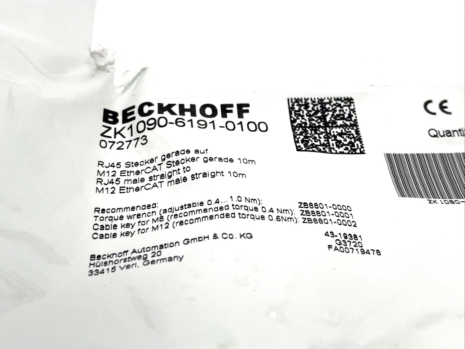 Beckhoff ZK1090-6191-0100 EtherCAT Cable M12 Male 4-Pin to RJ45 10m 072773 - Maverick Industrial Sales