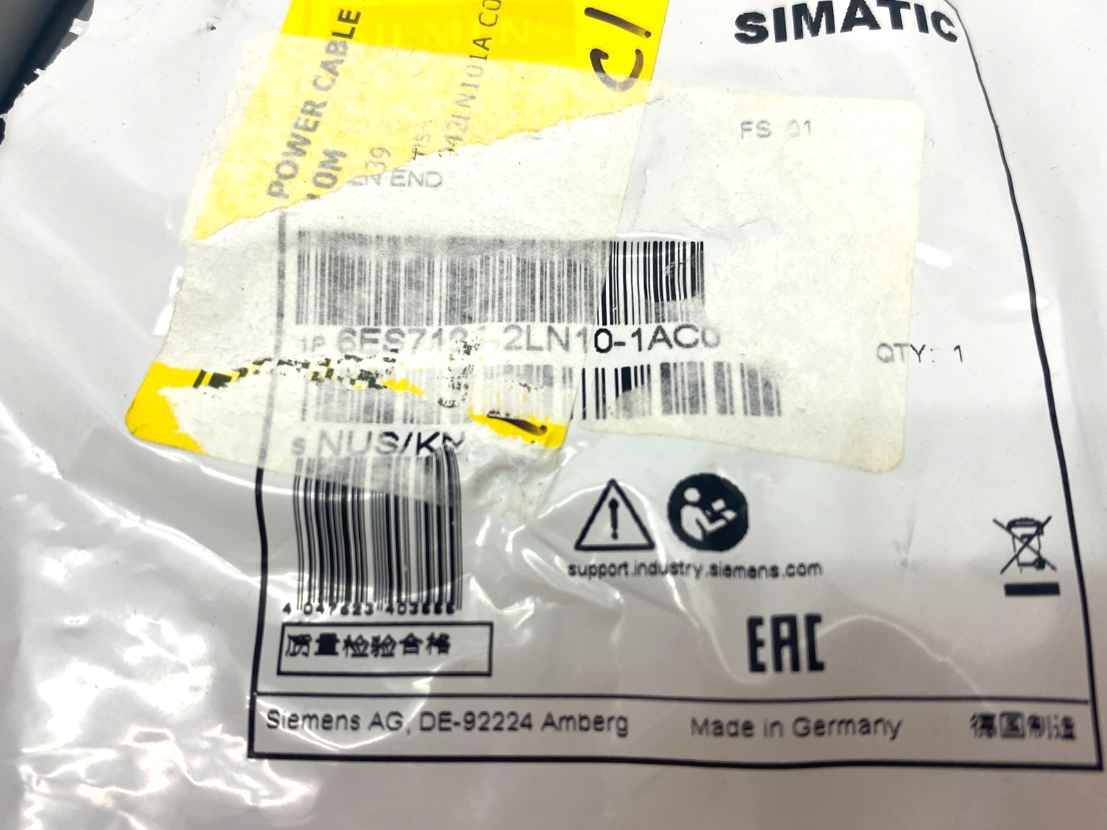 Siemens 6ES7194-2LN10-1AC0 SIMATIC Single Ended M8 Power Cable 10m - Maverick Industrial Sales