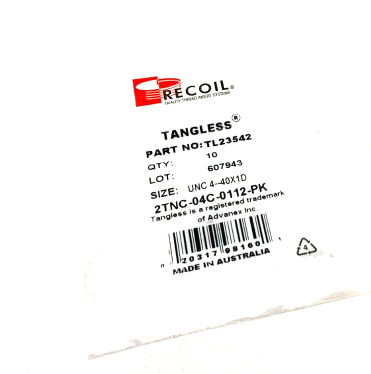 Recoil TL23542 Tangless Free Running Insert Size: UNC 4-40X1D 2TNC-04C-0112-PK - Maverick Industrial Sales