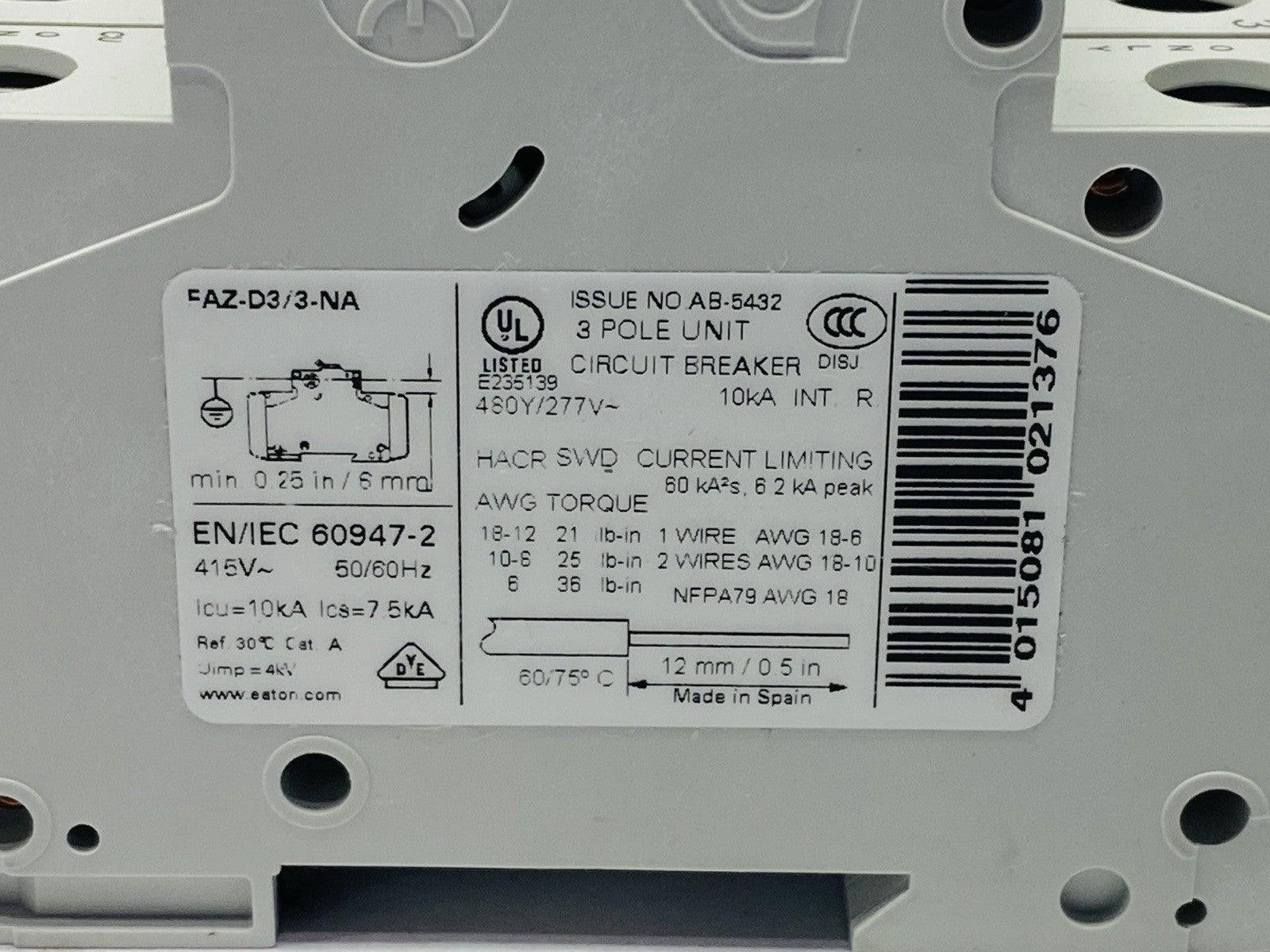 Eaton FAZ-D3/3-NA Circuit Breaker 3A 480Y/277VAC 3-Pole 102261 - Maverick Industrial Sales