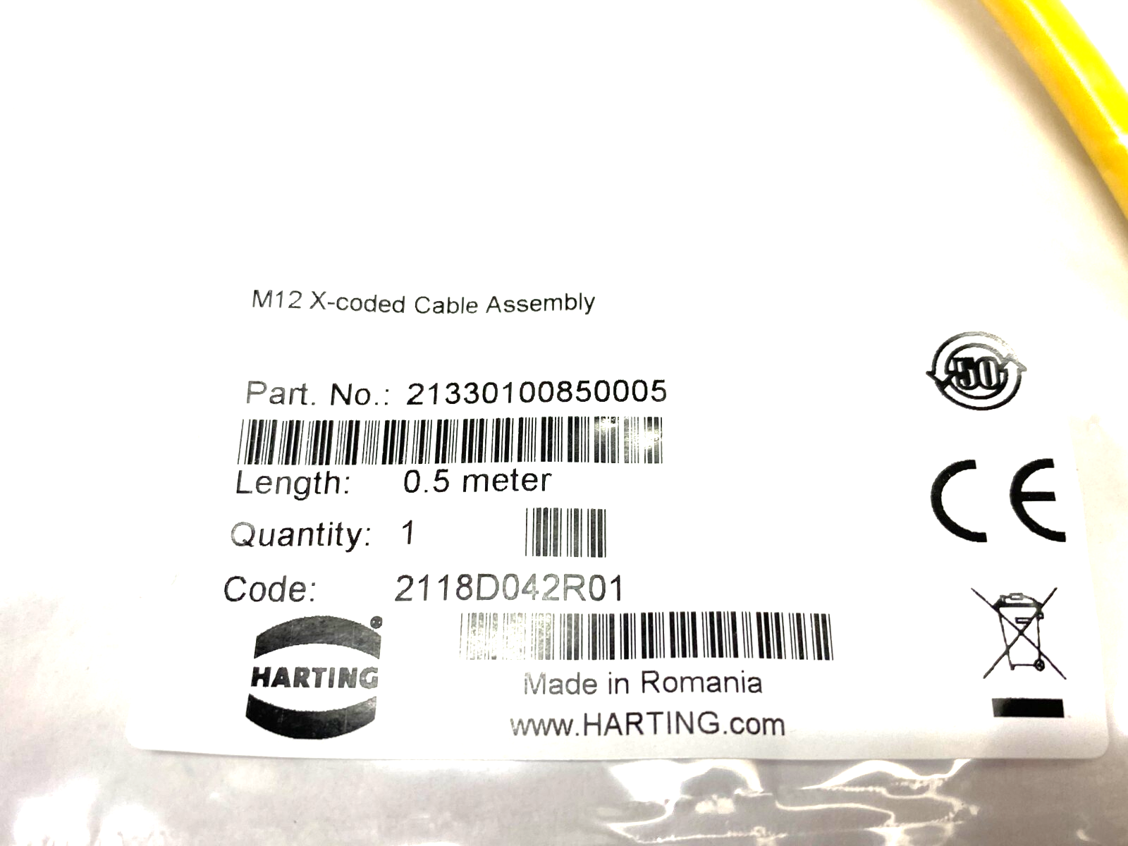 Harting 21330100850005 Cable Assembly Single Ended M12 X-Coded 0.5m - Maverick Industrial Sales