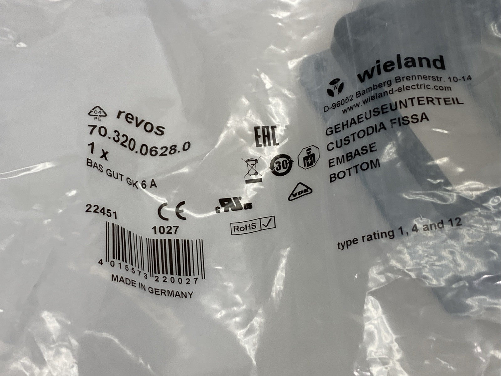 Wieland BOTTOM BAS GUT GK 6 A Heavy Duty Connector Shell 70.320.0628.0 - Maverick Industrial Sales
