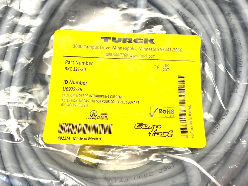 Turck RKC 12T-20 Eurofast Single Ended Cordset U0978-25 - Maverick Industrial Sales