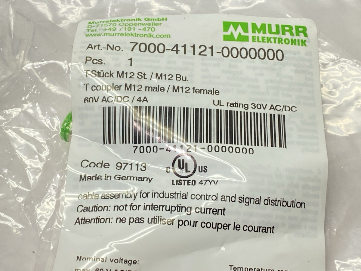 7000-41121-0000000 | Murrelektronik T-Coupler, M12 male to 2x M12 female A-cod. - New - Maverick Industrial Sales