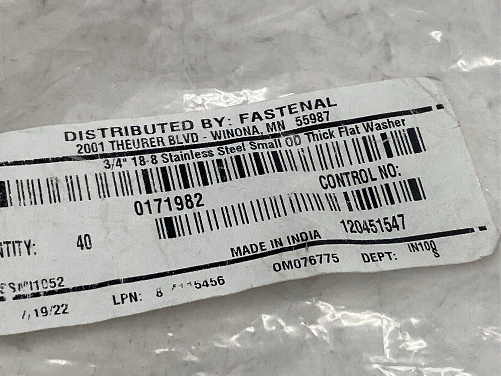 0171982 Stainless Steel Small OD Thick Flat Washer 3/4" 18-8 PKG OF 40 - Maverick Industrial Sales