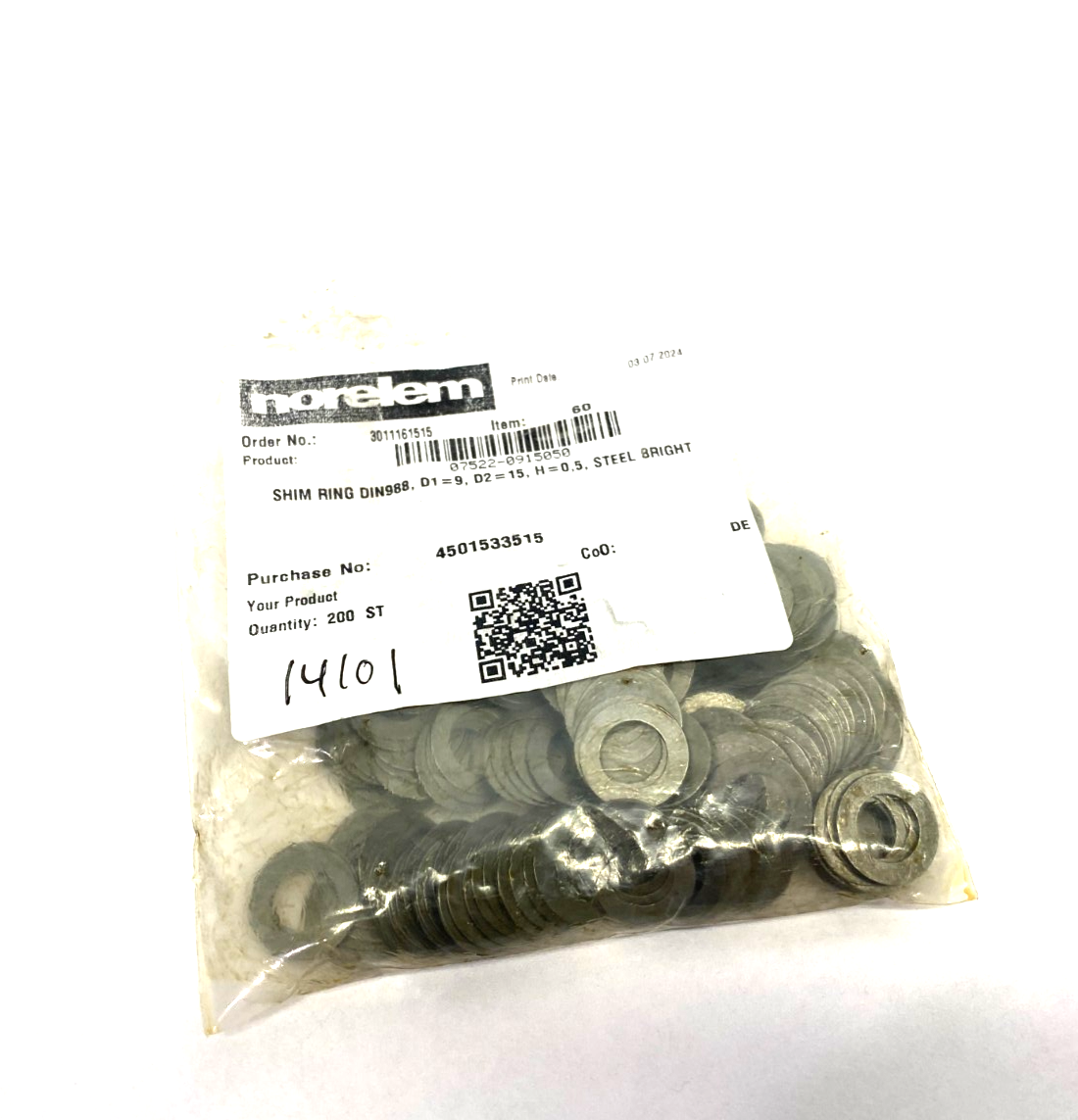 Norelem 07522-0915050 Shim Ring DIN988 D1=9, D2=15, H=0,5 PKG OF 200 - Maverick Industrial Sales