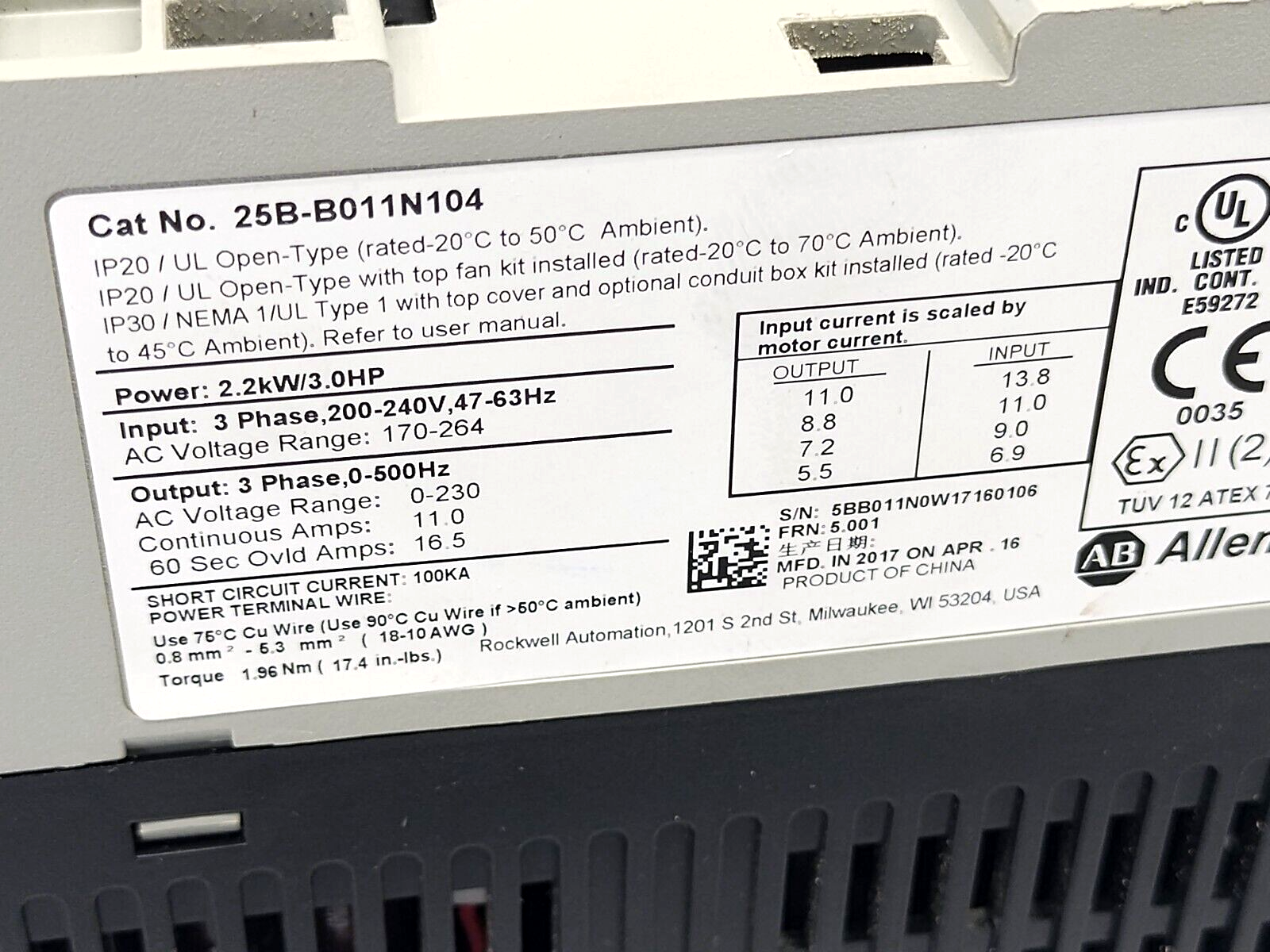 Allen Bradley 25B-B011N104 Ser. A PowerFlex 525 AC Drive 3HP 2.2kW 3PH 240VAC - Maverick Industrial Sales