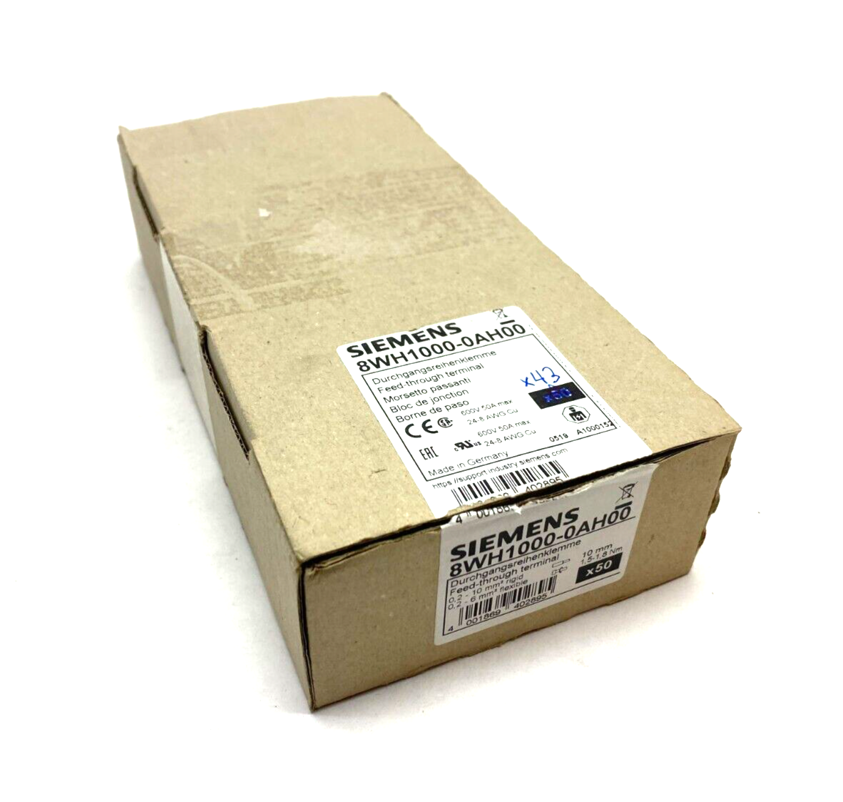 Siemens 8WH1000-0AH00 Feed-Through Terminal Block Gray 6mm BOX OF 43 - Maverick Industrial Sales