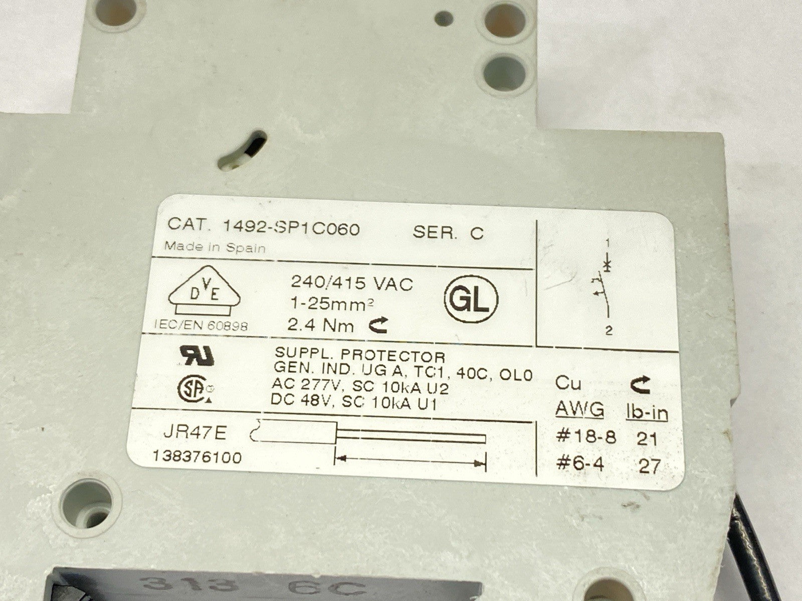 1492-SP1C060 | Allen Bradley Ser C Circuit Breaker 1-Pole 6A 240/415 VAC - Used - Maverick Industrial Sales