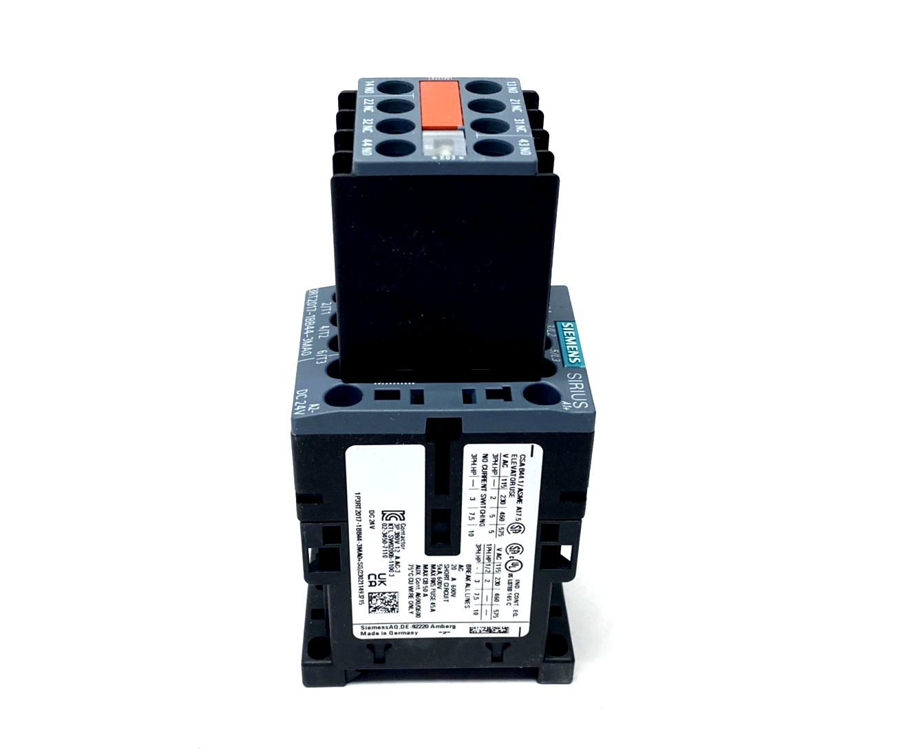 3RT2017-1BB44-3MA0 | Siemens Contactor 3-Pole 12A 5.5kW, 24V DC Coil 2NO 2NC - New - Maverick Industrial Sales