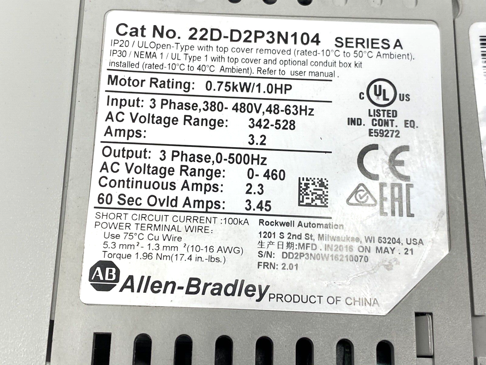 Allen Bradley 22D-D2P3N104 PowerFlex 3-Phase 40P AC Drive Ser. A 480VAC - Maverick Industrial Sales