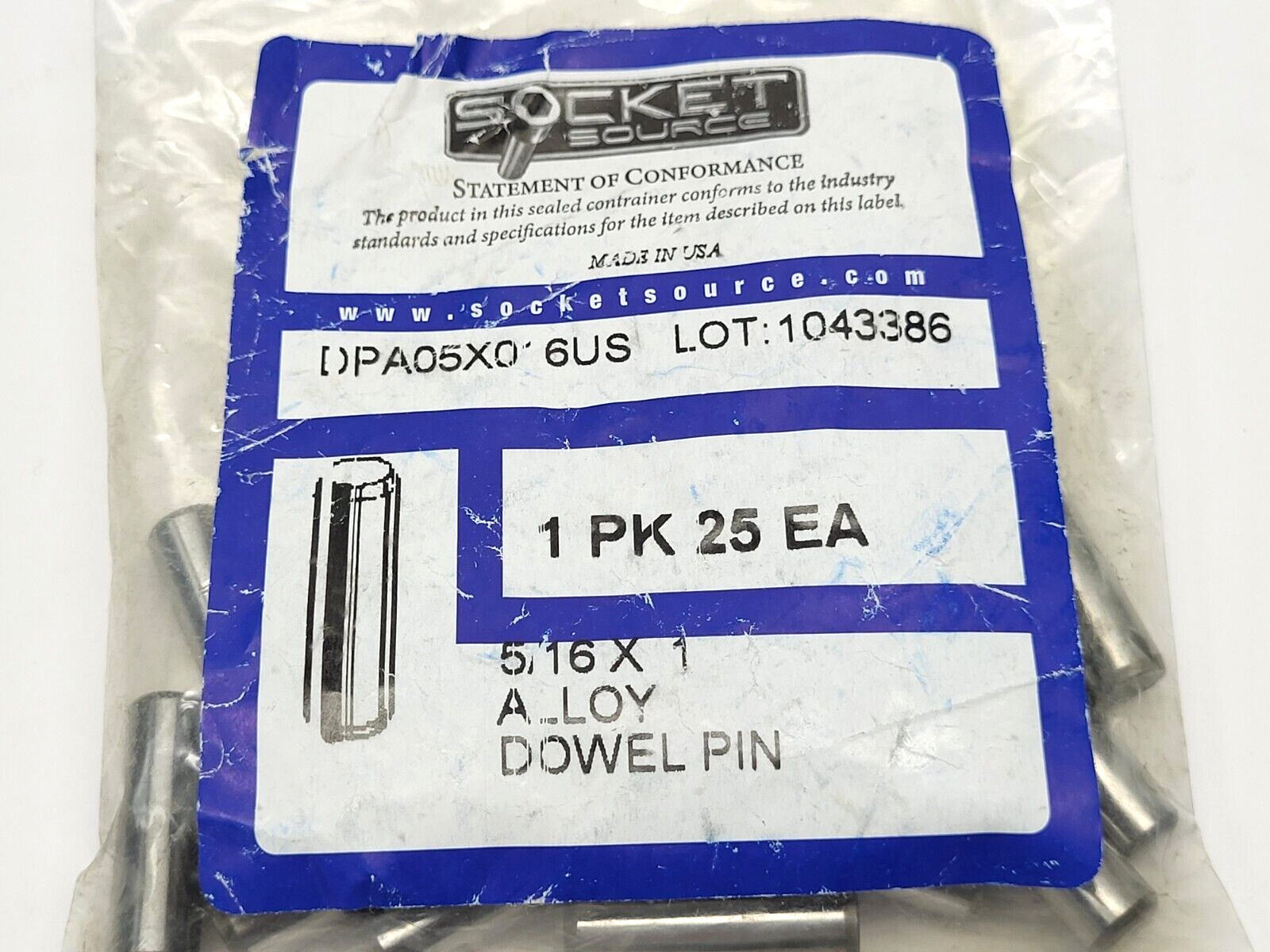 Socket Source DPA05X016US Alloy Dowel Pin 5/16 X 1" LOT OF 25 - Maverick Industrial Sales