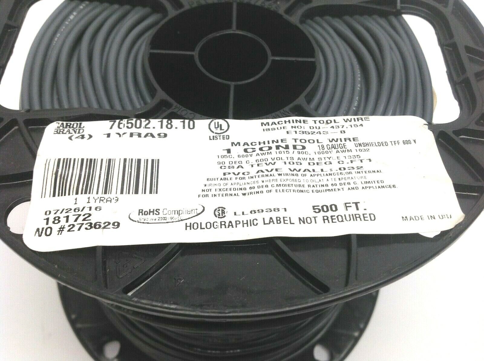 Carol Brand 76502.18.10 (4) 1YRA9 18 AWG TFF 600V 4lbs 15OZ Spool Gray - Maverick Industrial Sales