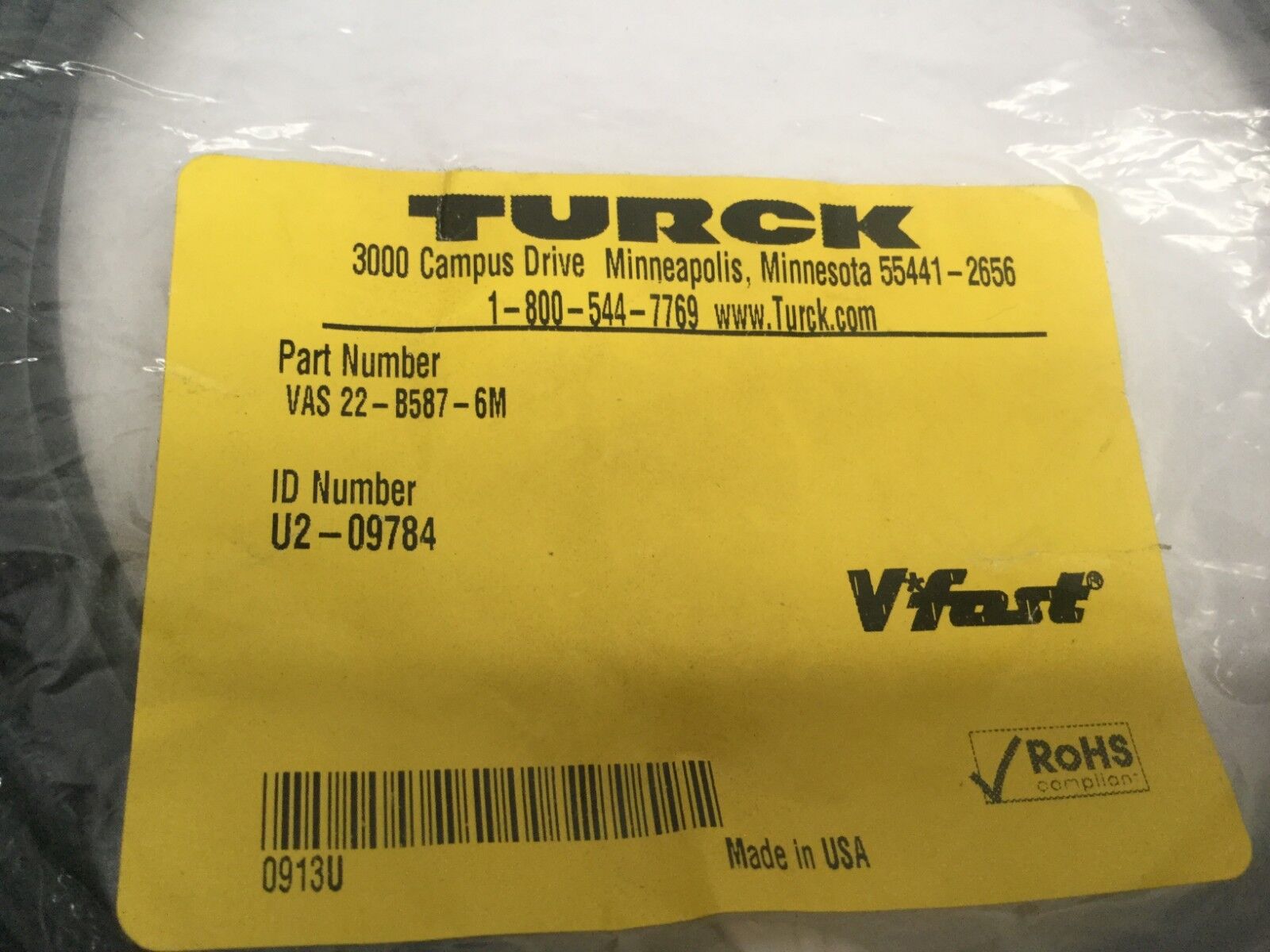 Turck U2-09784 Din Valve Plug Type A VAS 22-B587-6M - Maverick Industrial Sales