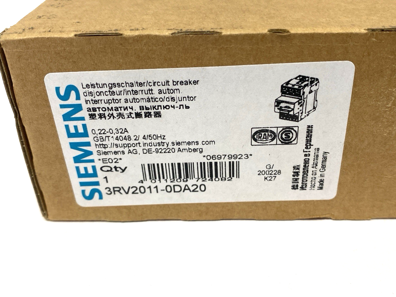 Siemens 3RV2011-0ADA20 Circuit Breaker Size S00 for Motor Protection 0,22-0,32A - Maverick Industrial Sales