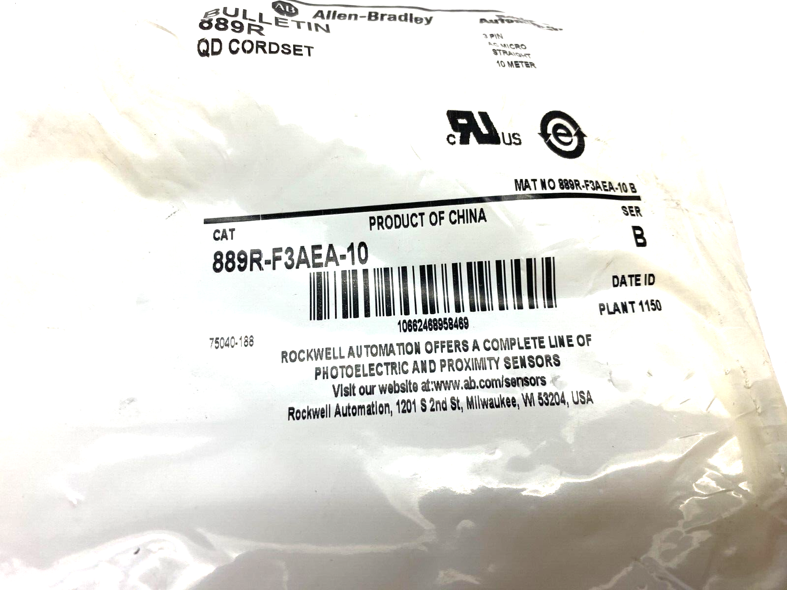Allen Bradley 889R-F3AEA-10 Ser. B Straight AC Micro Cordset 3-Pin Female 10m - Maverick Industrial Sales