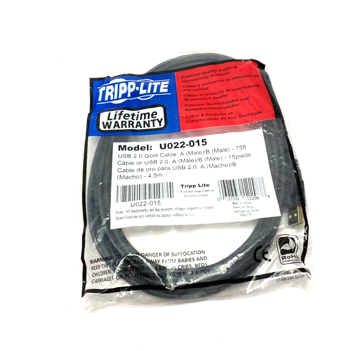 Tripp Lite U022-015 Hi-Speed USB 2.0 A to B Cable Assembly 15' Length - Maverick Industrial Sales